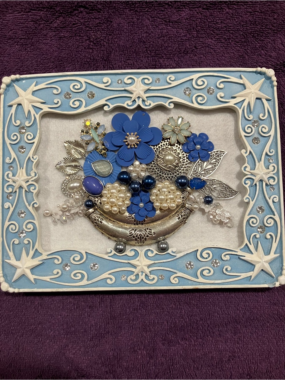 Blue Floral Pearl & Silver Framed Wall Art - Decorative Floral Accent